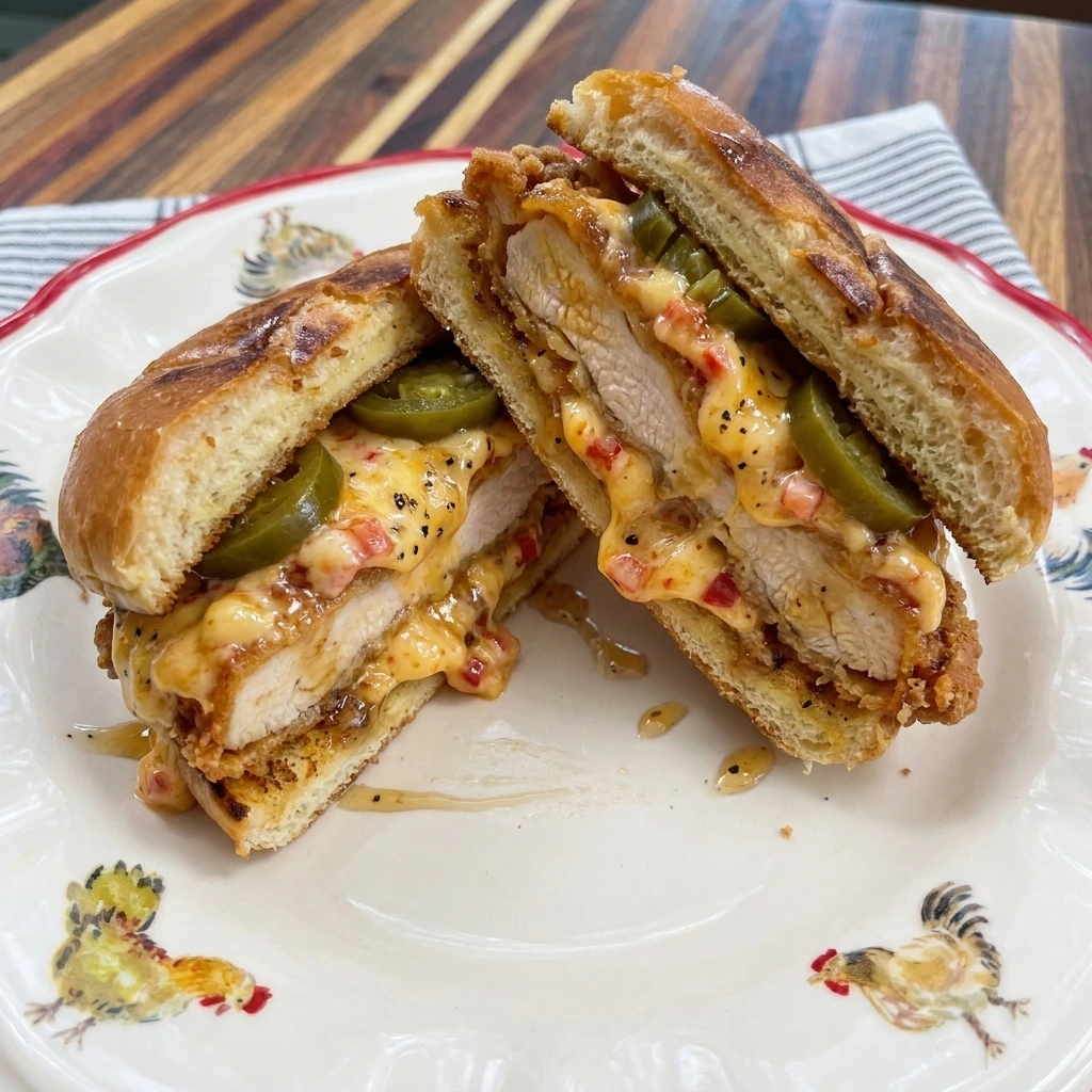 Cut Honey Pepper Pimento Sandwich showing crispy chicken and creamy cheese layers
