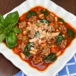 Italian Sausage Soup with white beans spinach and browned sausage