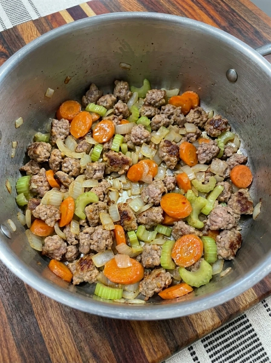 Browned Italian sausage with onion carrots and celery