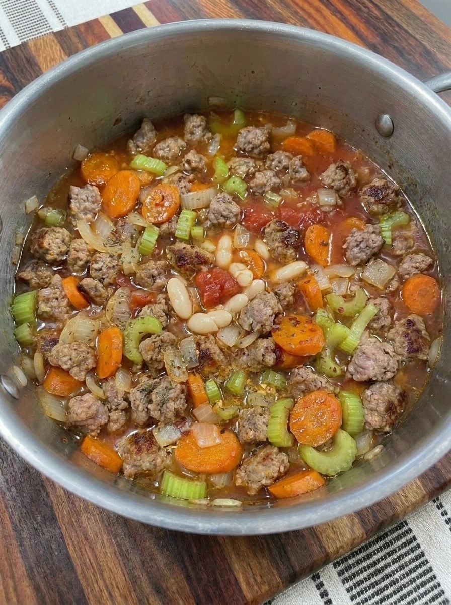 Italian sausage soup with tomatoes beans and broth before simmering