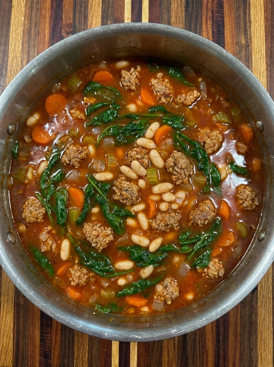 Spinach wilted into finished Italian Sausage Soup