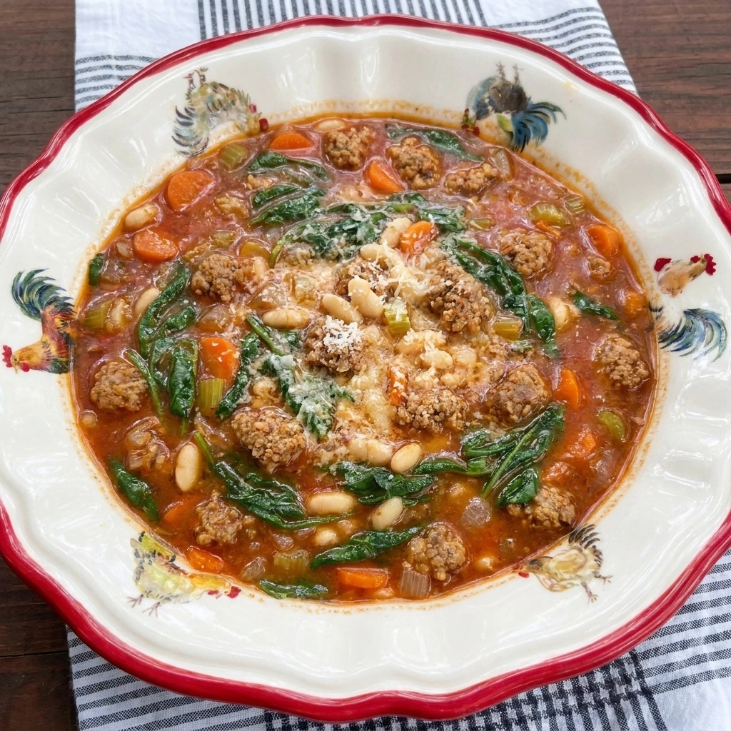 Single bowl of Italian Sausage Soup topped with Parmesan