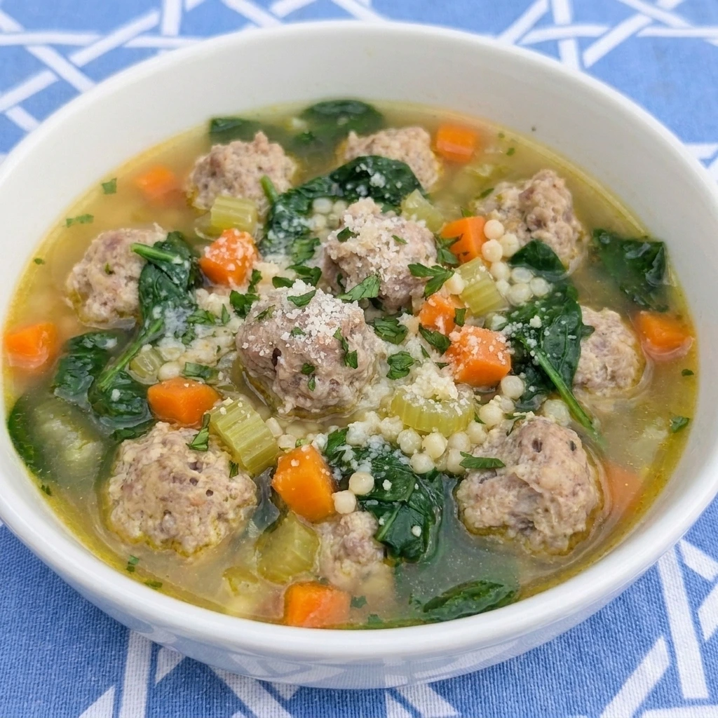 Italian Wedding Soup with meatballs spinach vegetables and pasta