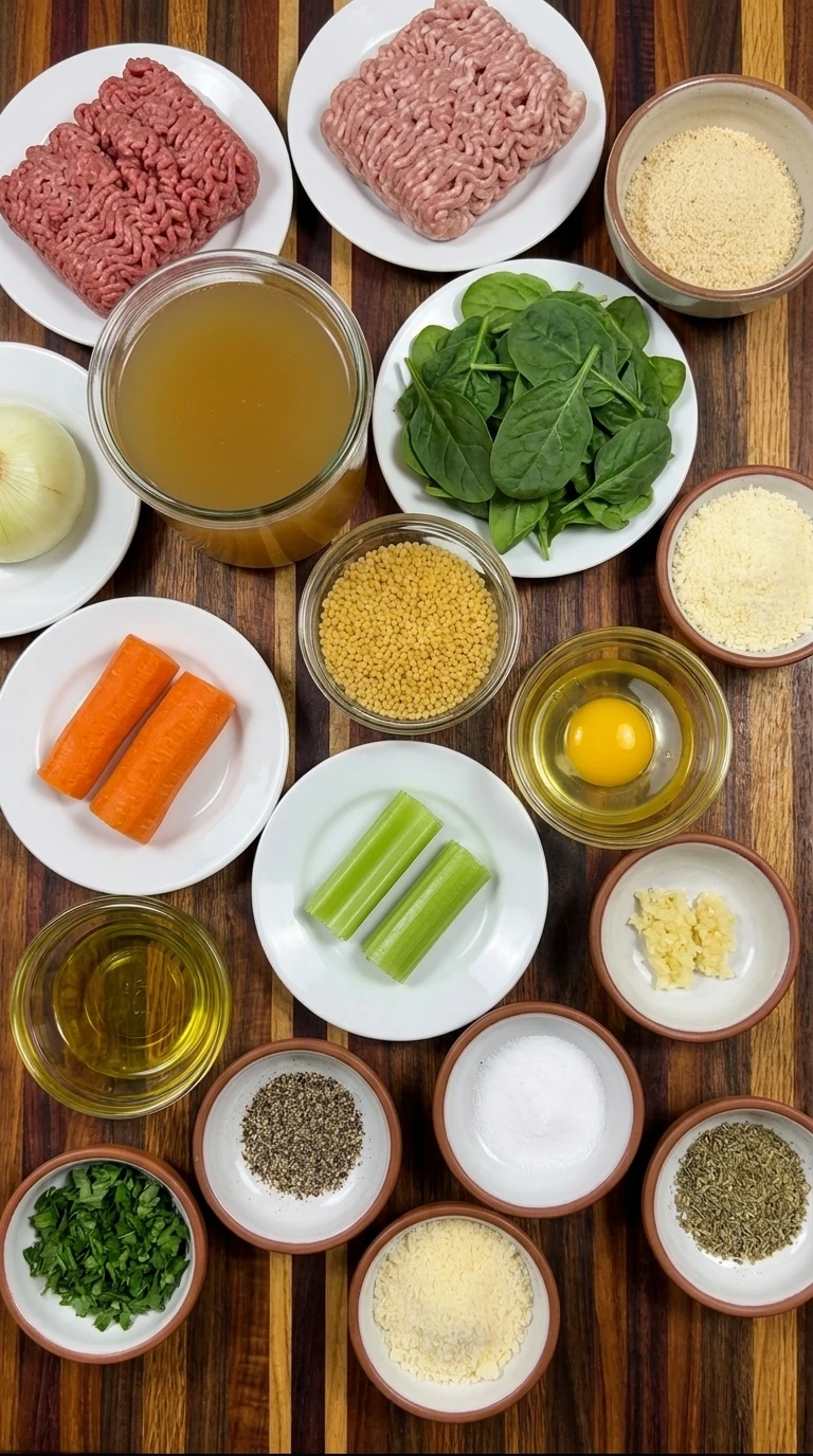 Ingredients for Italian Wedding Soup arranged in separate small containers