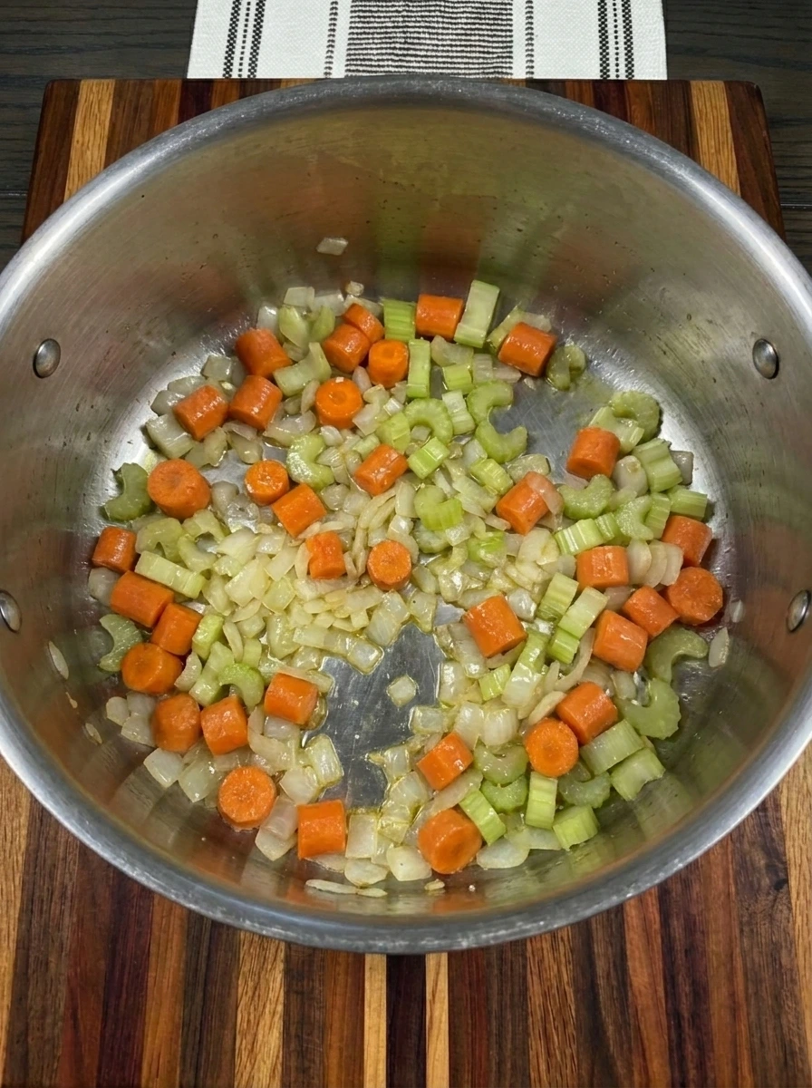 Onion carrots and celery softened for Italian Wedding Soup