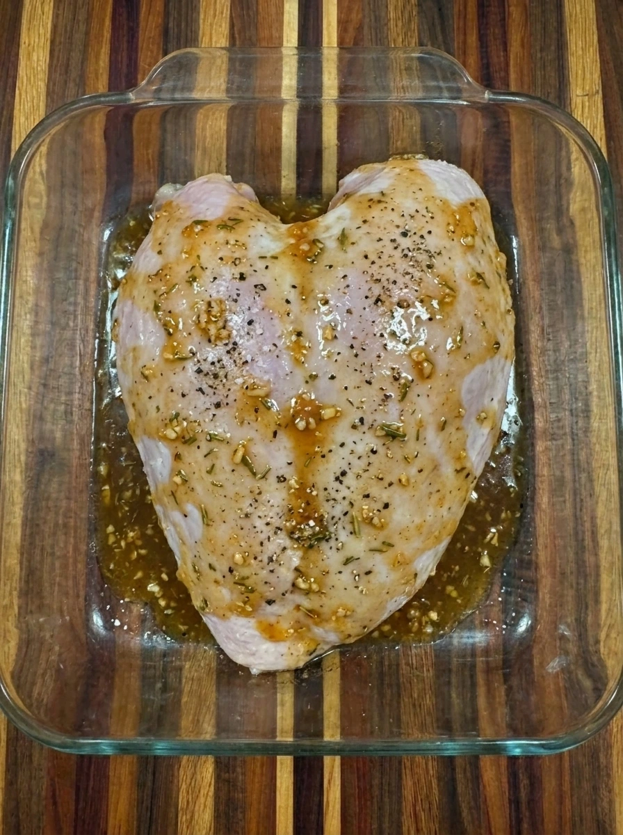 Raw turkey breast coated with maple herb glaze before roasting