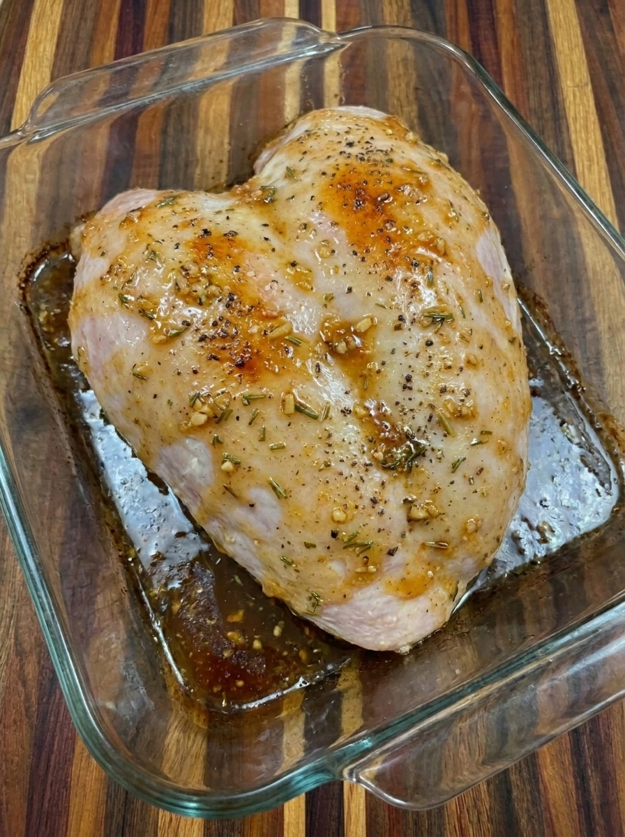 Maple-Glazed Turkey Breast roasting with caramelized golden glaze