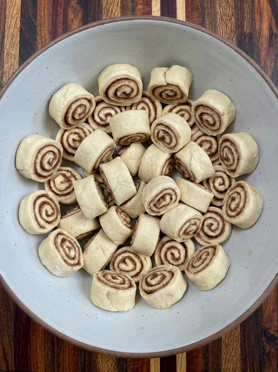 Eight cinnamon rolls cut into thirty two quarter pieces for Pumpkin Cinnamon Roll Casserole