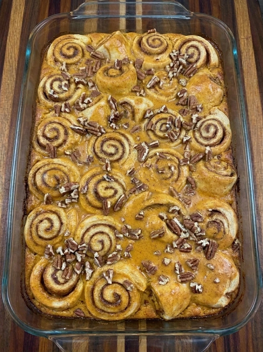 Pumpkin Cinnamon Roll Casserole baked until puffed and golden