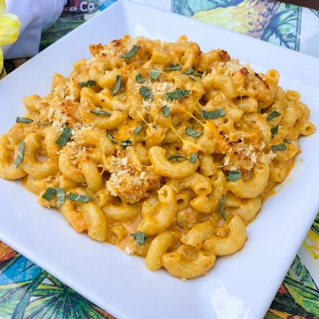 Creamy Pumpkin Mac and Cheese with golden panko topping
