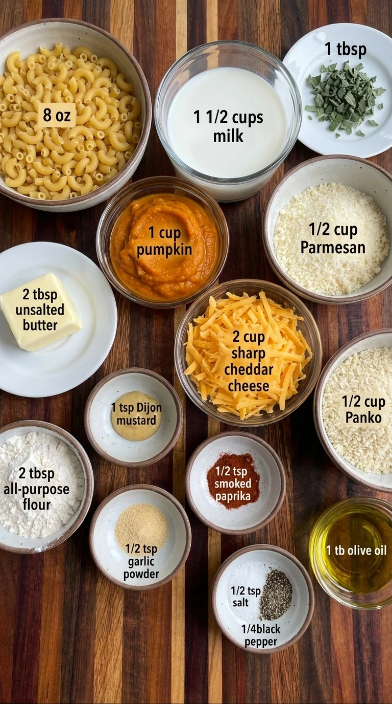 Ingredients for Pumpkin Mac and Cheese arranged in separate containers