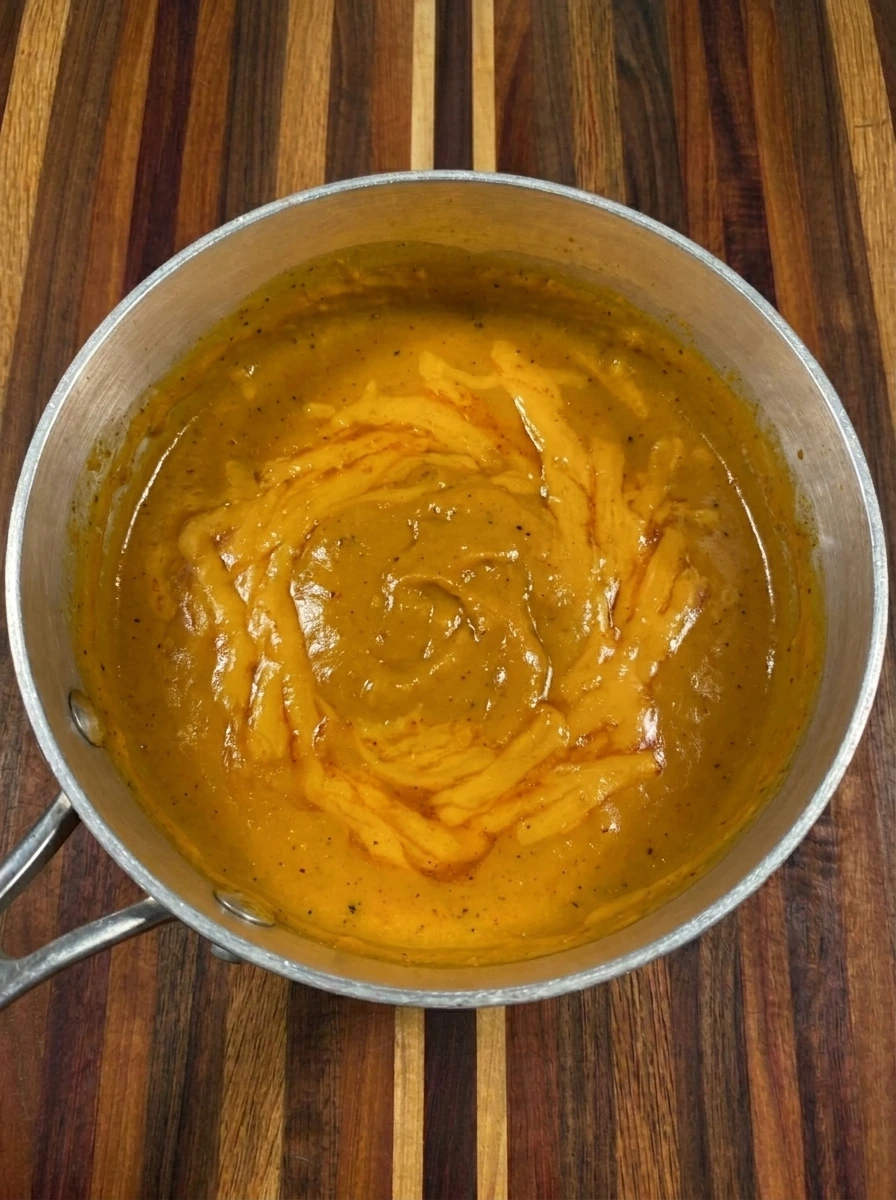 Cheddar and Parmesan melted into pumpkin sauce for Pumpkin Mac and Cheese