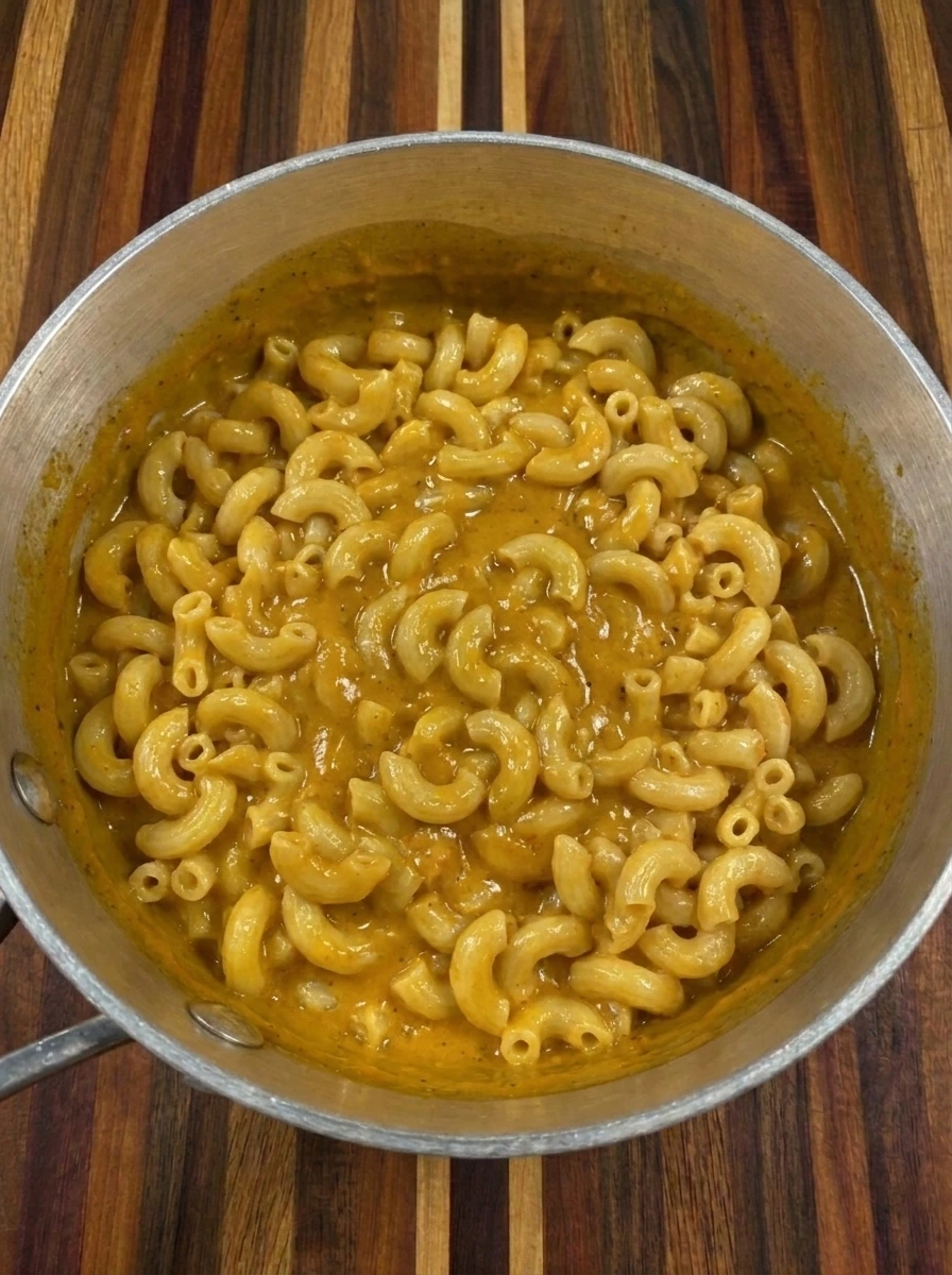 Macaroni folded into creamy pumpkin cheese sauce