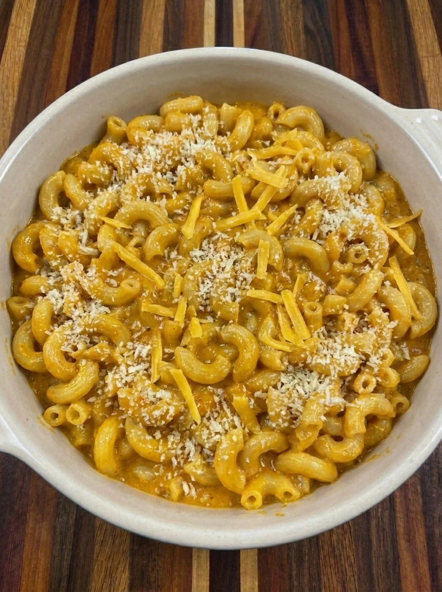 Pumpkin Mac and Cheese topped with cheddar and panko before baking