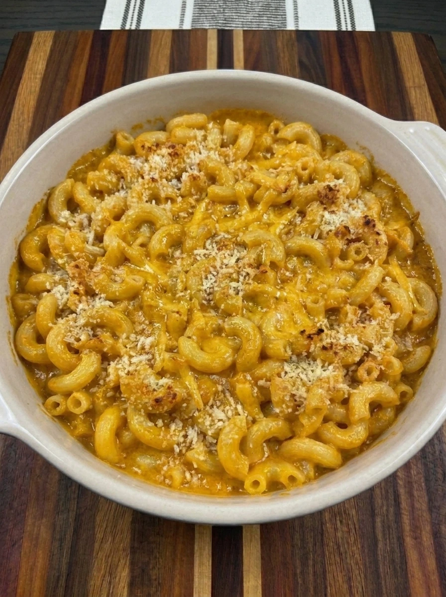 Baked Pumpkin Mac and Cheese with golden panko topping