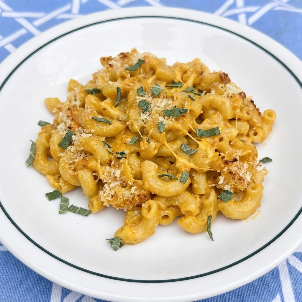 Single serving of Pumpkin Mac and Cheese with fresh sage