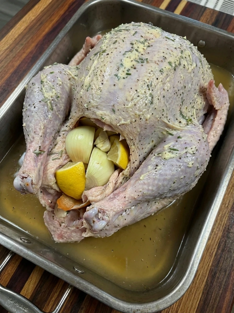 Roast Turkey filled with onion and lemon and garlic