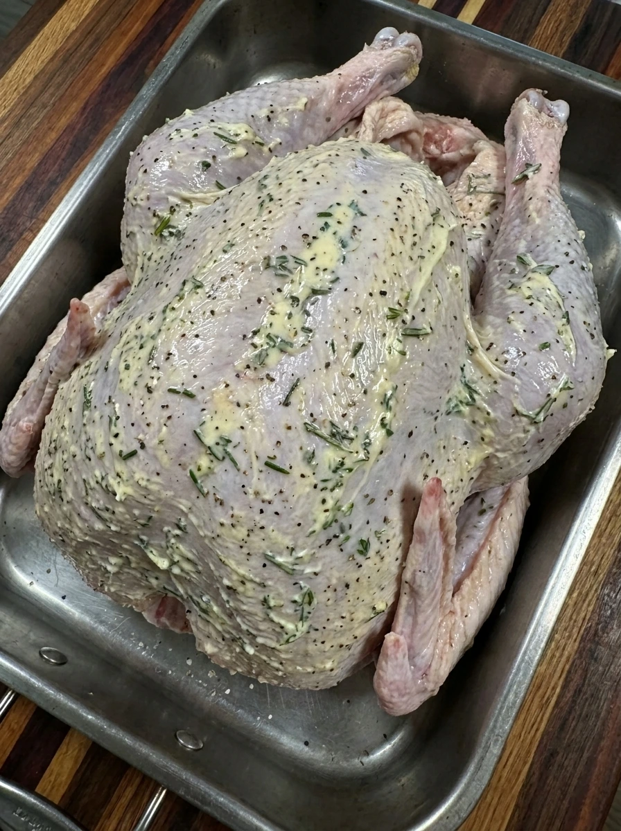 Raw Roast Turkey coated with herb butter