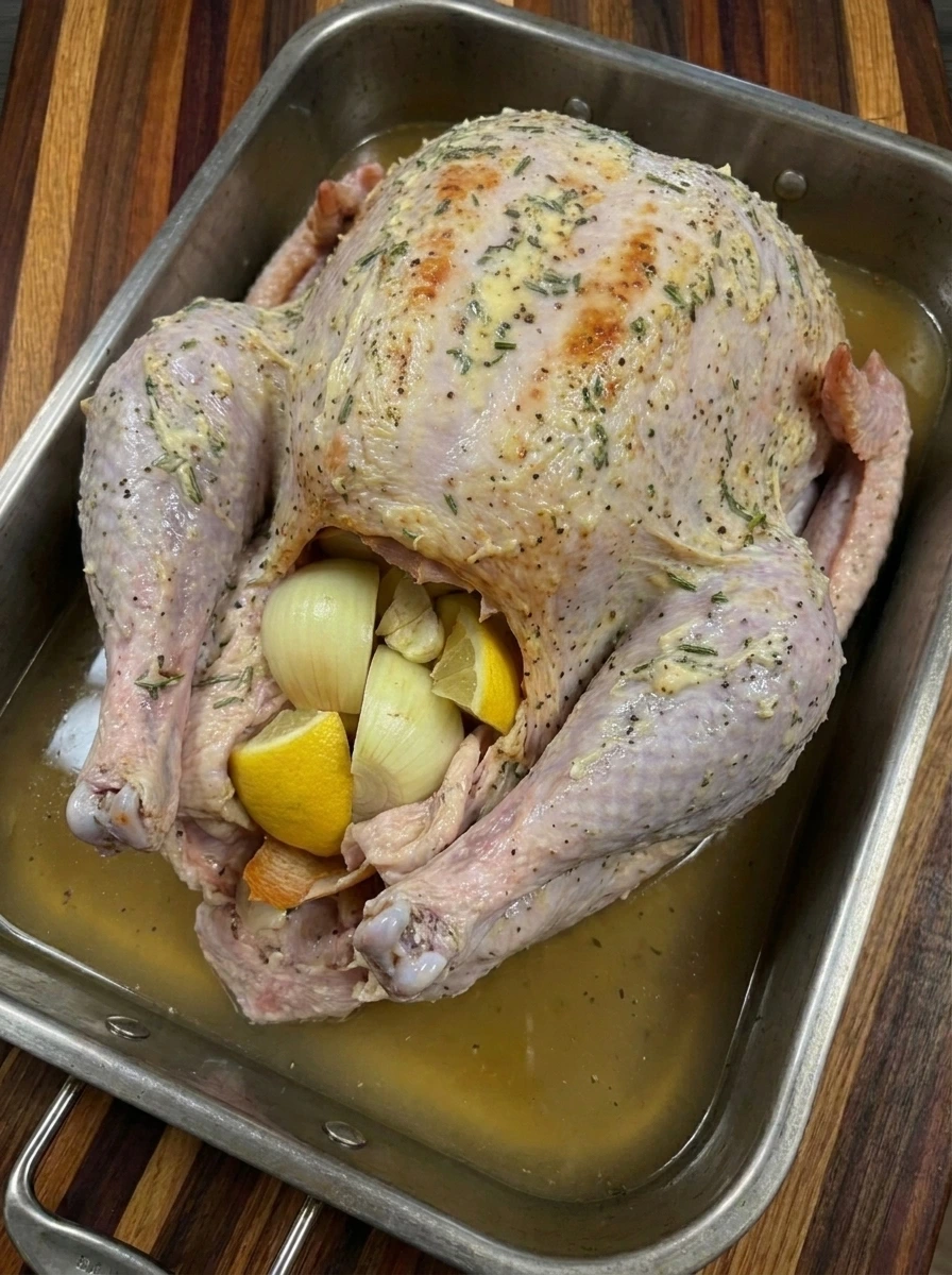 Roast Turkey developing golden skin during roasting