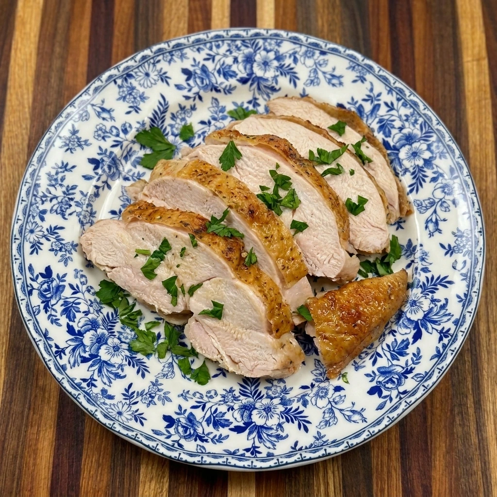 Single serving of sliced Roast Turkey with golden skin