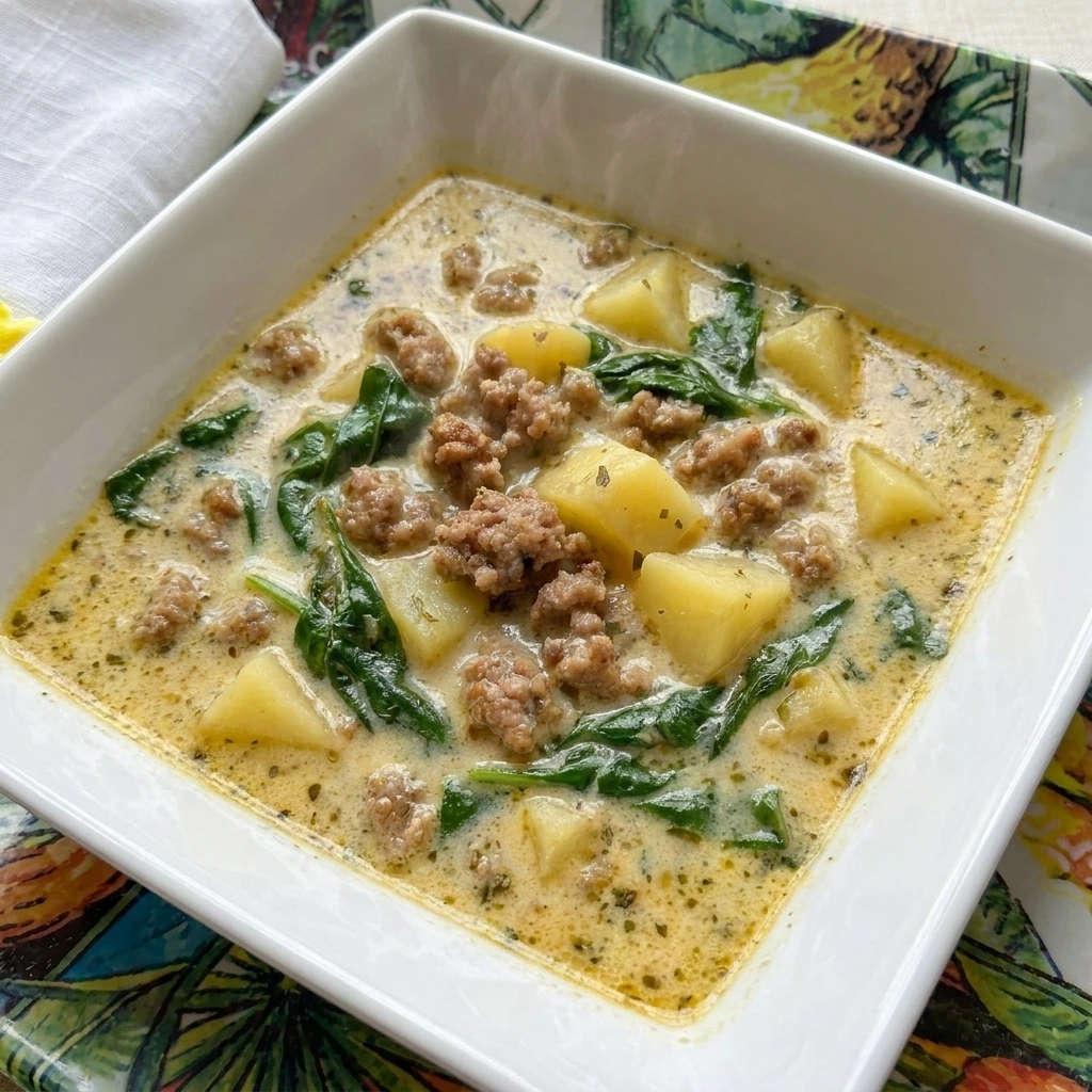 Creamy Sausage Potato Soup with browned sausage potatoes and spinach
