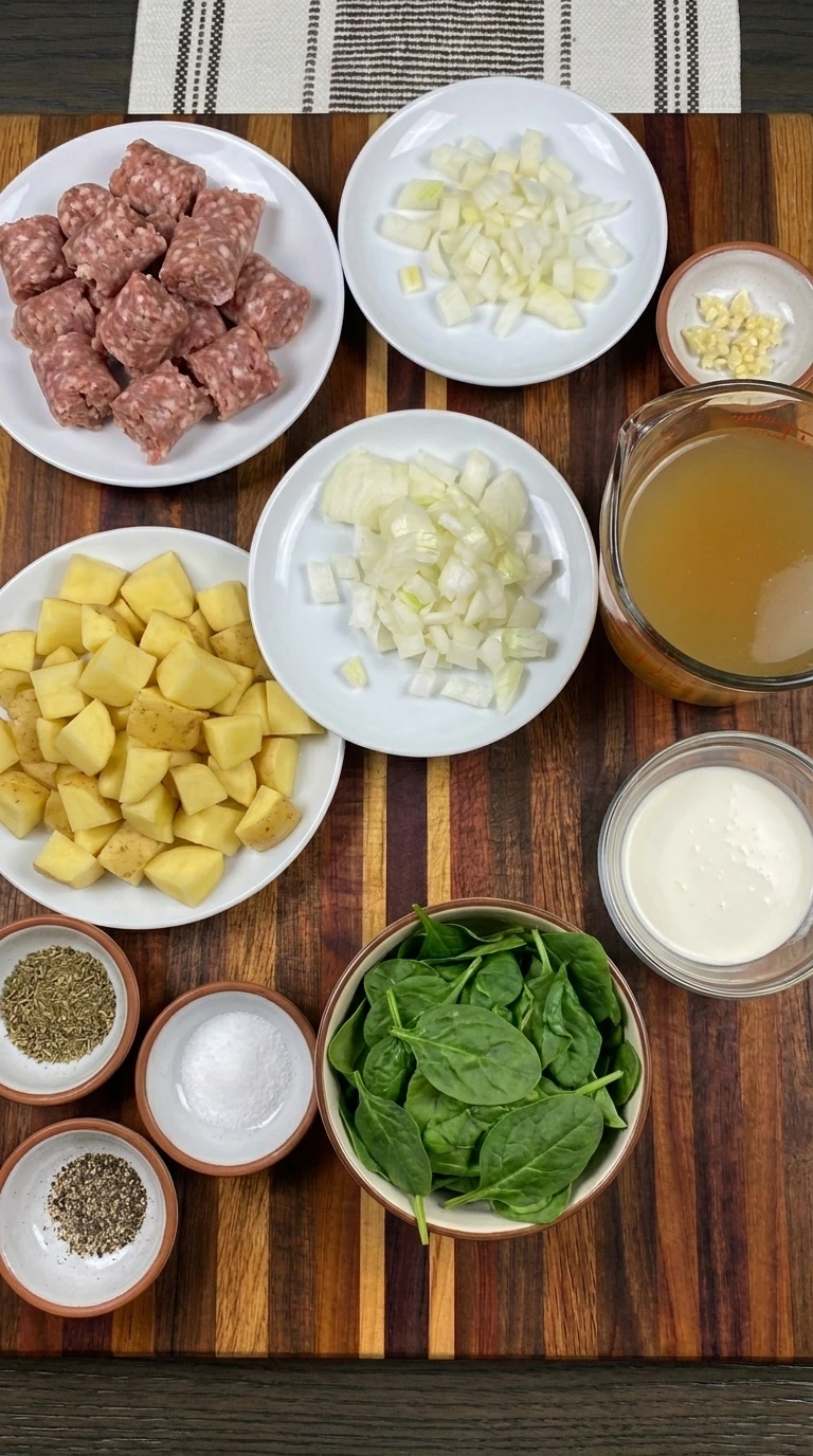 Ingredients for Sausage Potato Soup arranged in separate containers