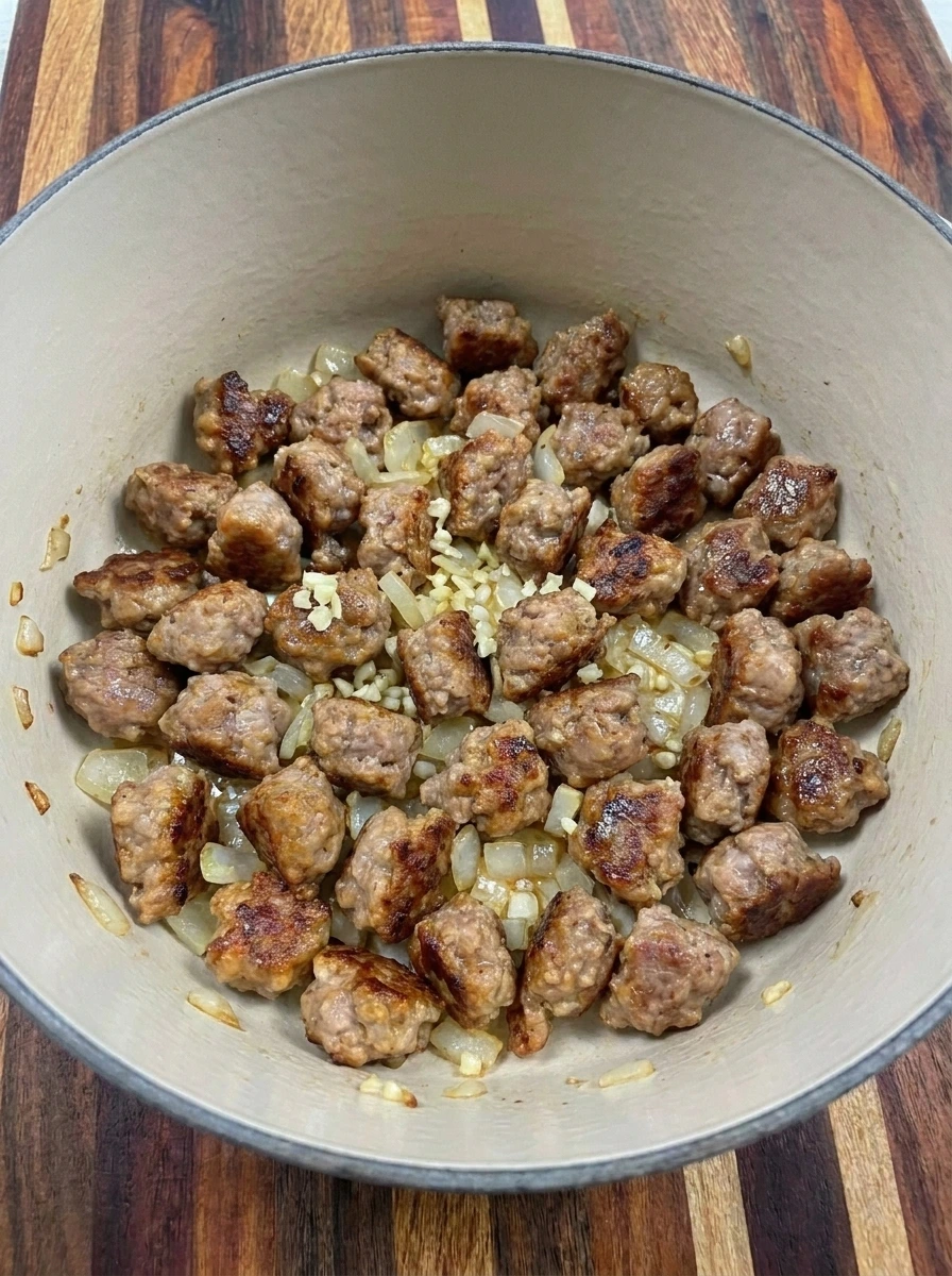 Softened onion and garlic mixed with sausage for Sausage Potato Soup