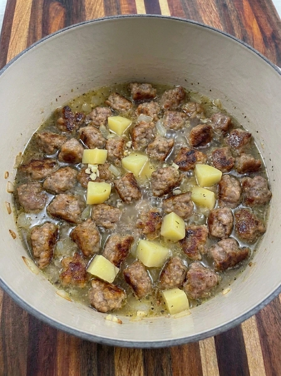 Potatoes simmering with sausage and broth for Sausage Potato Soup