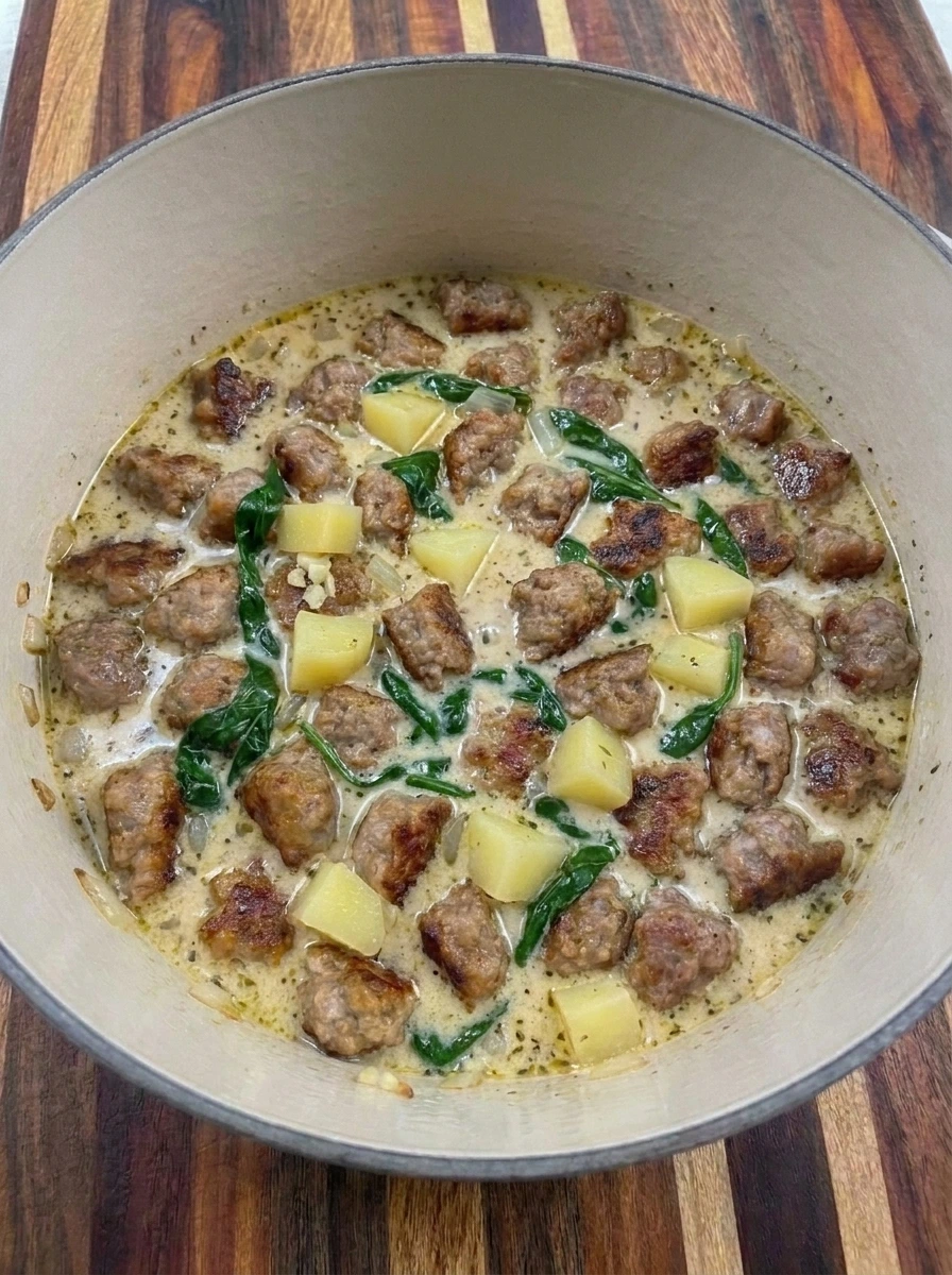 Cream and spinach stirred into Sausage Potato Soup