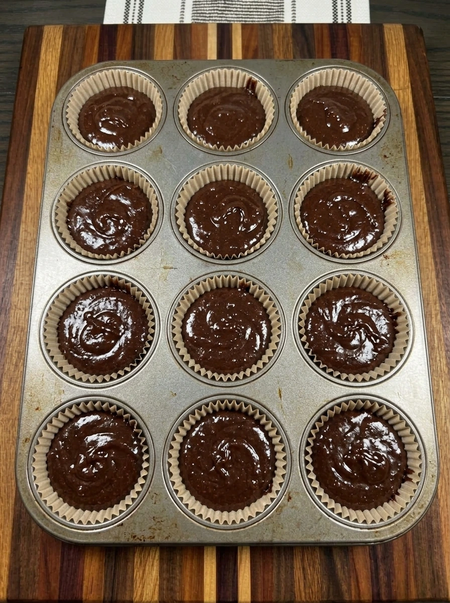 Twelve cupcake liners filled with chocolate batter