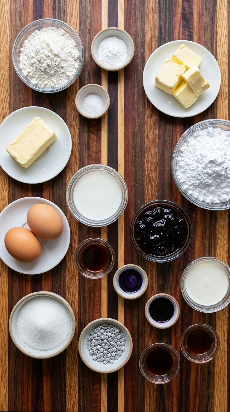 Ingredients for Sleeping Draught Cupcakes arranged in separate containers