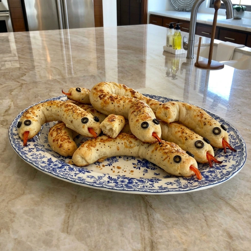 Golden Snake Breadsticks with olive eyes and red pepper tongues on a serving platter