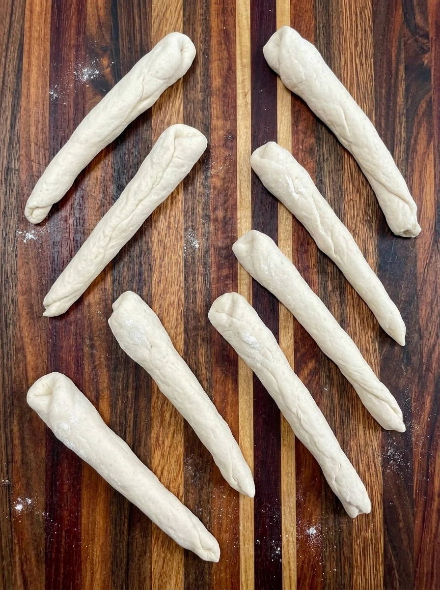 Eight tapered pizza dough ropes for Snake Breadsticks