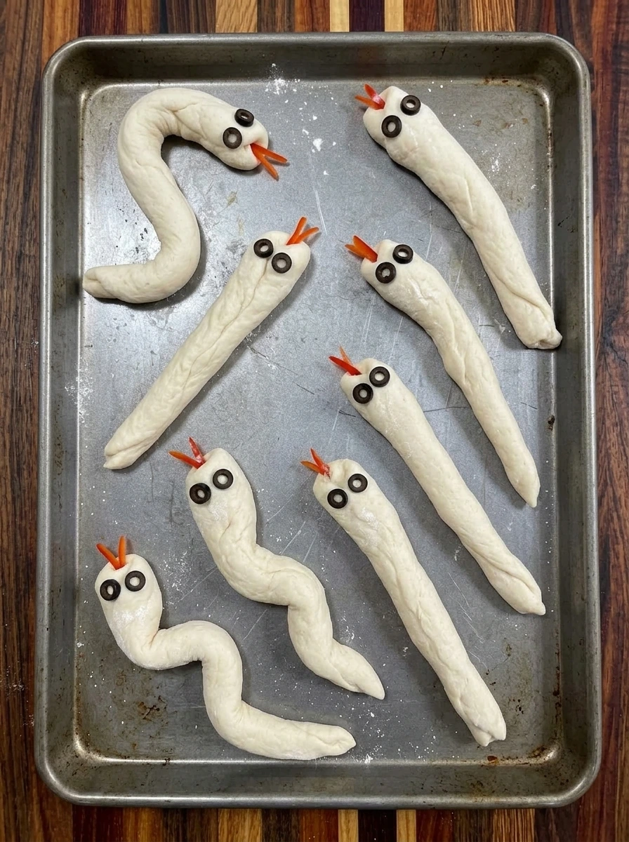 Eight raw Snake Breadsticks shaped with olive eyes and red pepper tongues