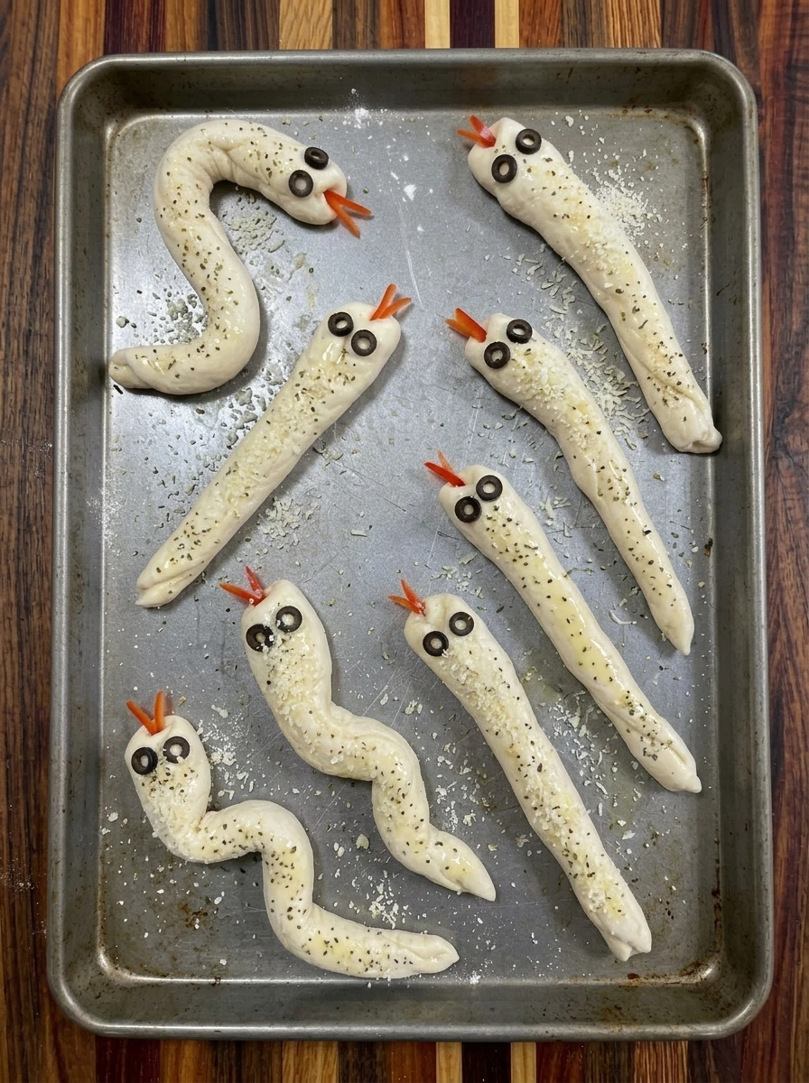 Raw Snake Breadsticks coated with garlic herb butter and Parmesan