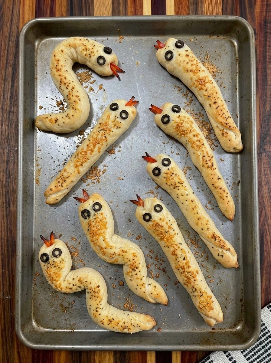 Baked Snake Breadsticks puffed and golden on a sheet pan