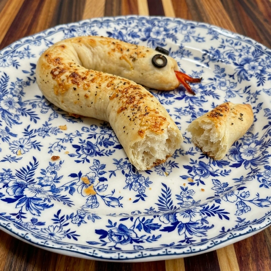 One served Snake Breadstick with a torn edge showing the soft center