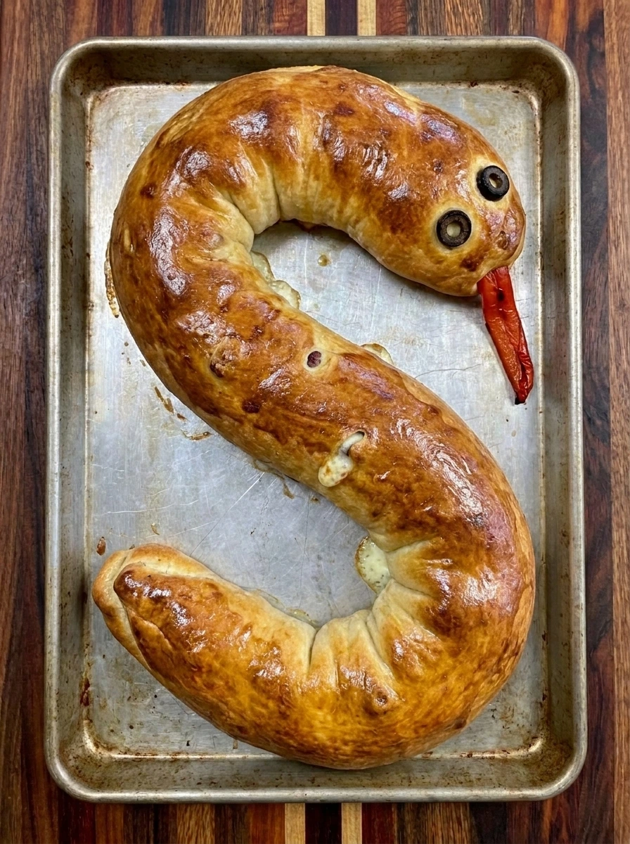 Golden baked Snakewich with olive eyes and red pepper tongue