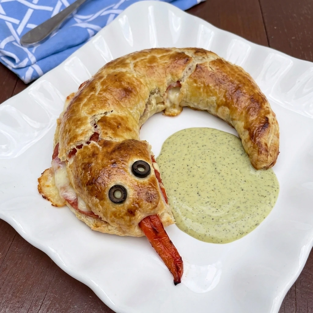 Golden Snakewich with Venom Sauce shaped like a snake with olive eyes and a red pepper tongue