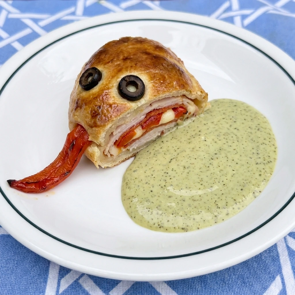 Single Snakewich head portion with melted filling and green venom sauce