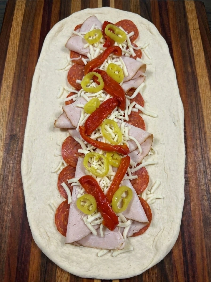 Turkey pepperoni mozzarella and peppers layered over pizza dough for Snakewich