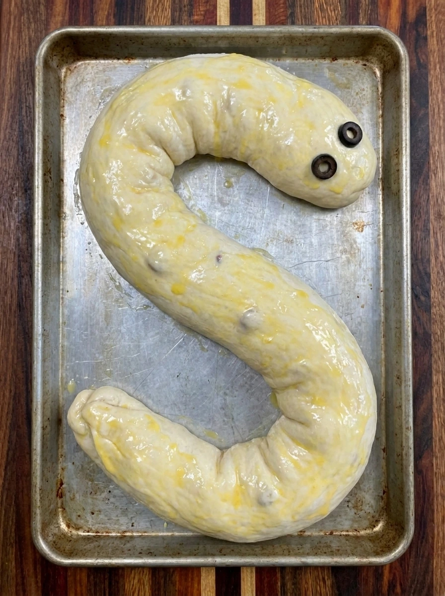 Stuffed dough shaped into a snake before baking