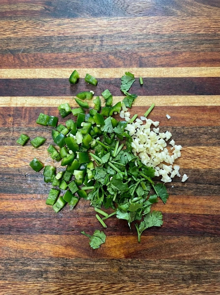 Chopped jalapeno cilantro and garlic for Snakewich with Venom Sauce