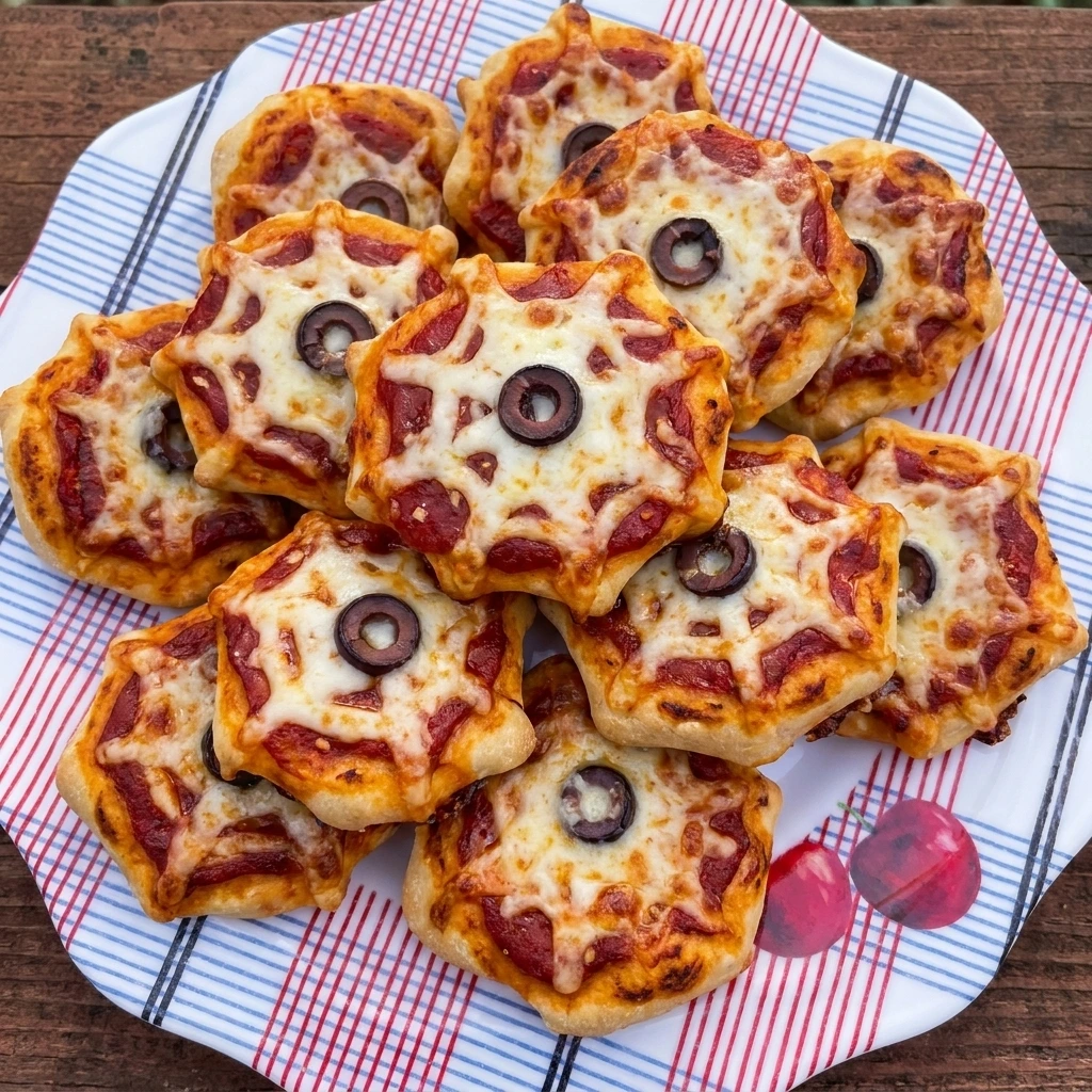 Spiderweb Pizza Bites with melted mozzarella webs and olive centers