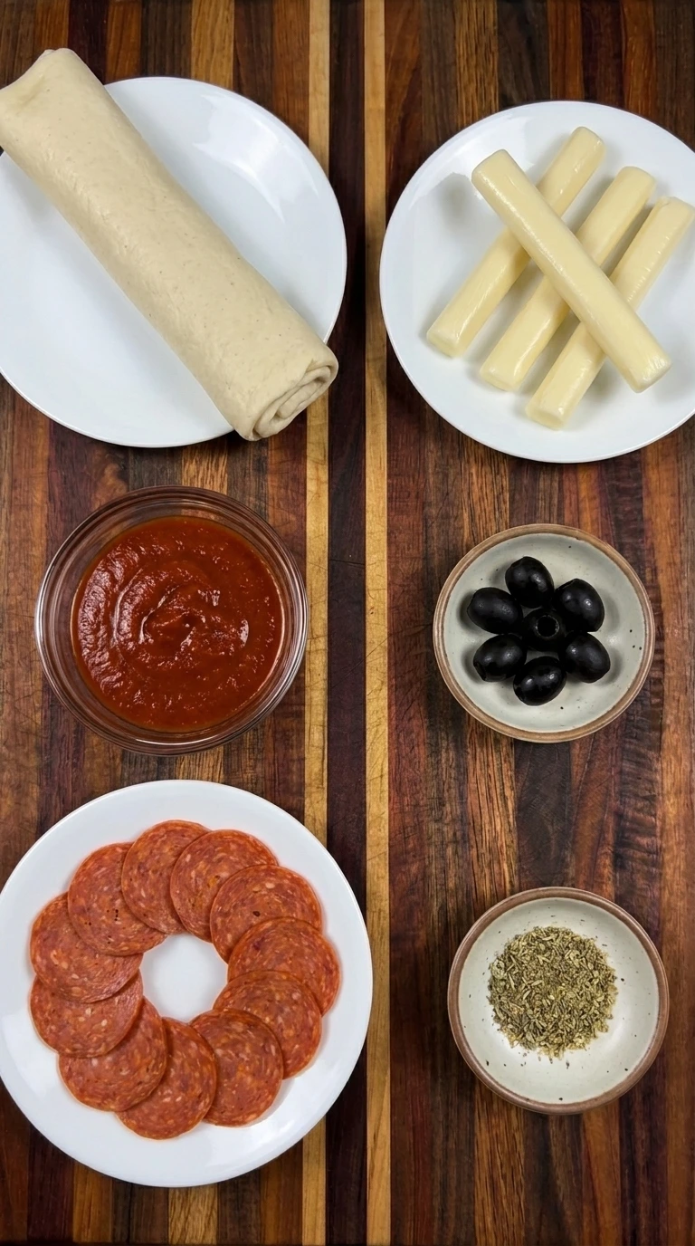 Ingredients for Spiderweb Pizza Bites arranged in separate small containers