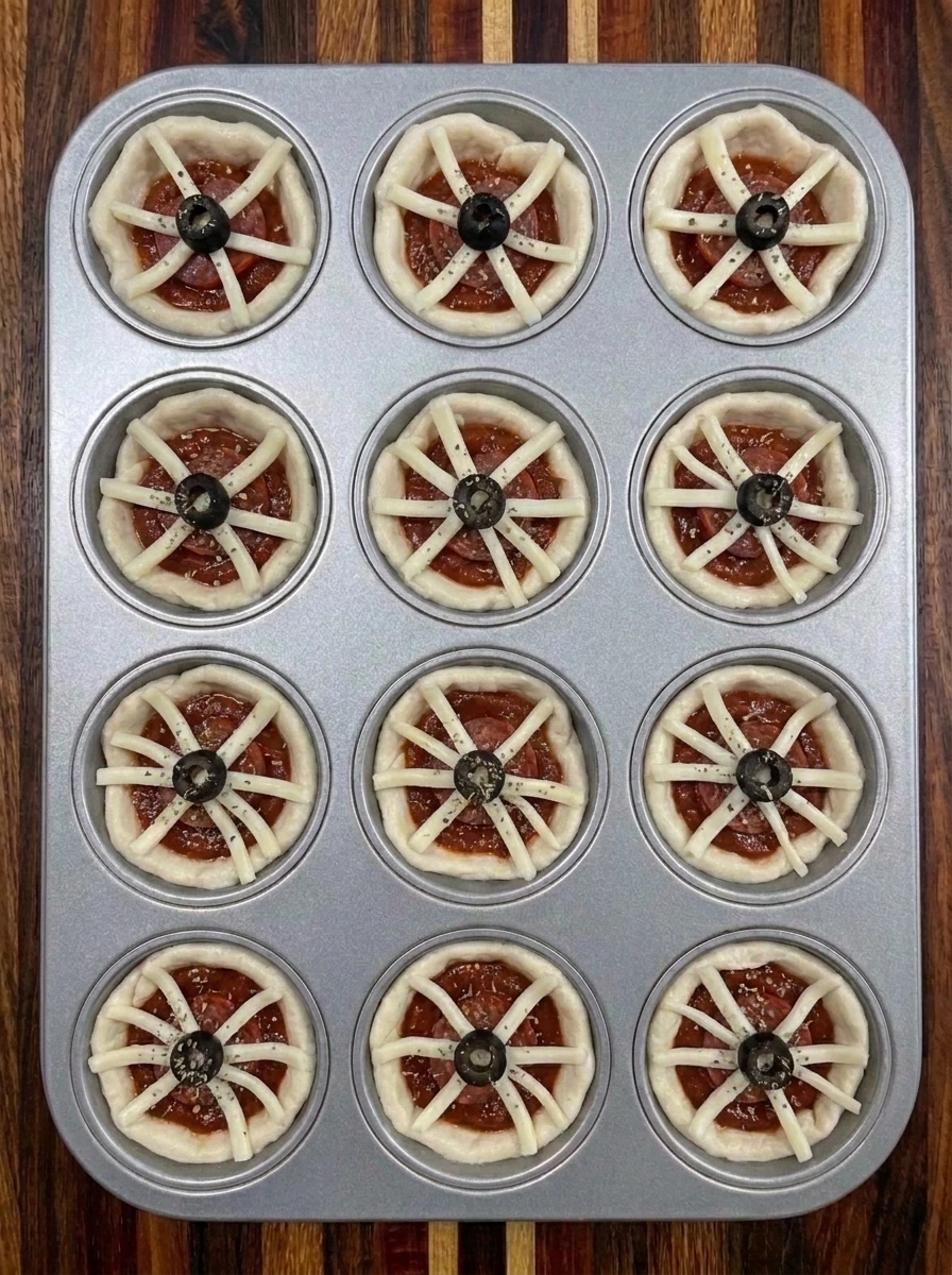 Mozzarella strips arranged into spiderwebs on twelve pizza bites