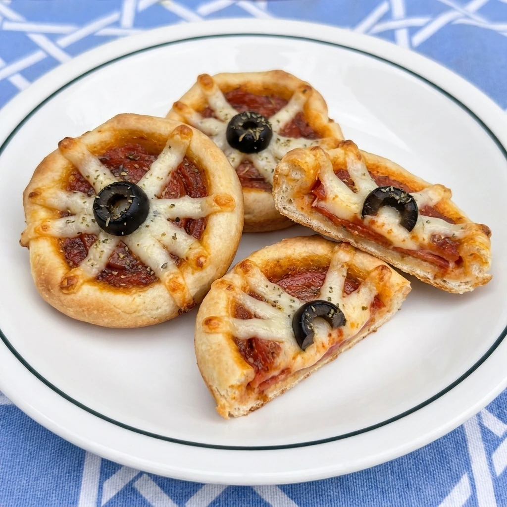 One serving of Spiderweb Pizza Bites with one bite cut open