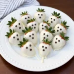 Strawberry Ghosts with white candy coating and chocolate faces on a serving plate
