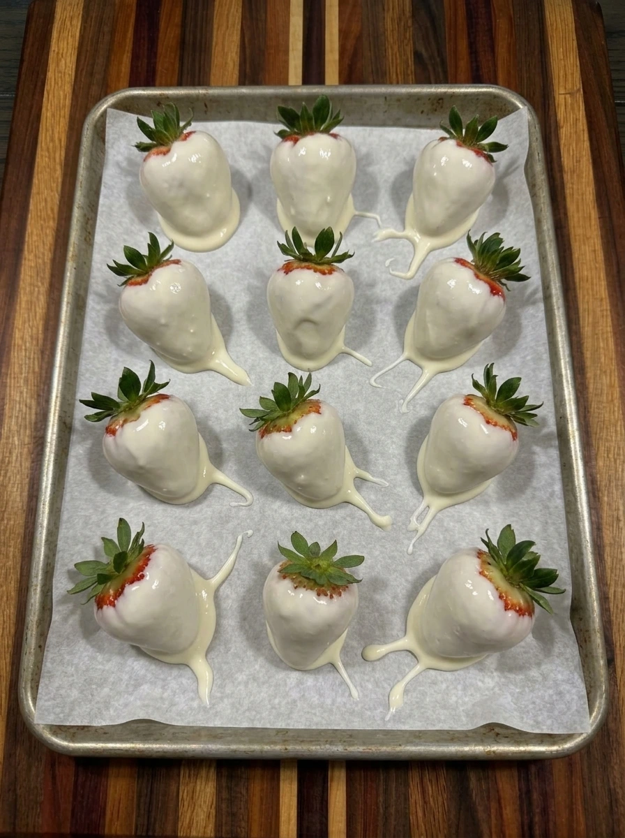 Twelve strawberries dipped in white candy coating with uneven ghost tails