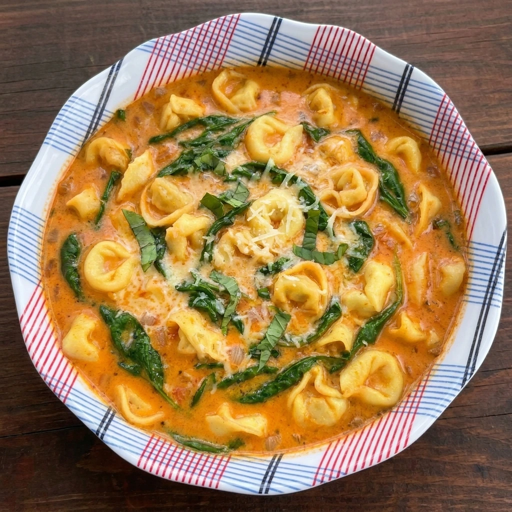 Creamy Tomato Tortellini Soup with spinach and Parmesan